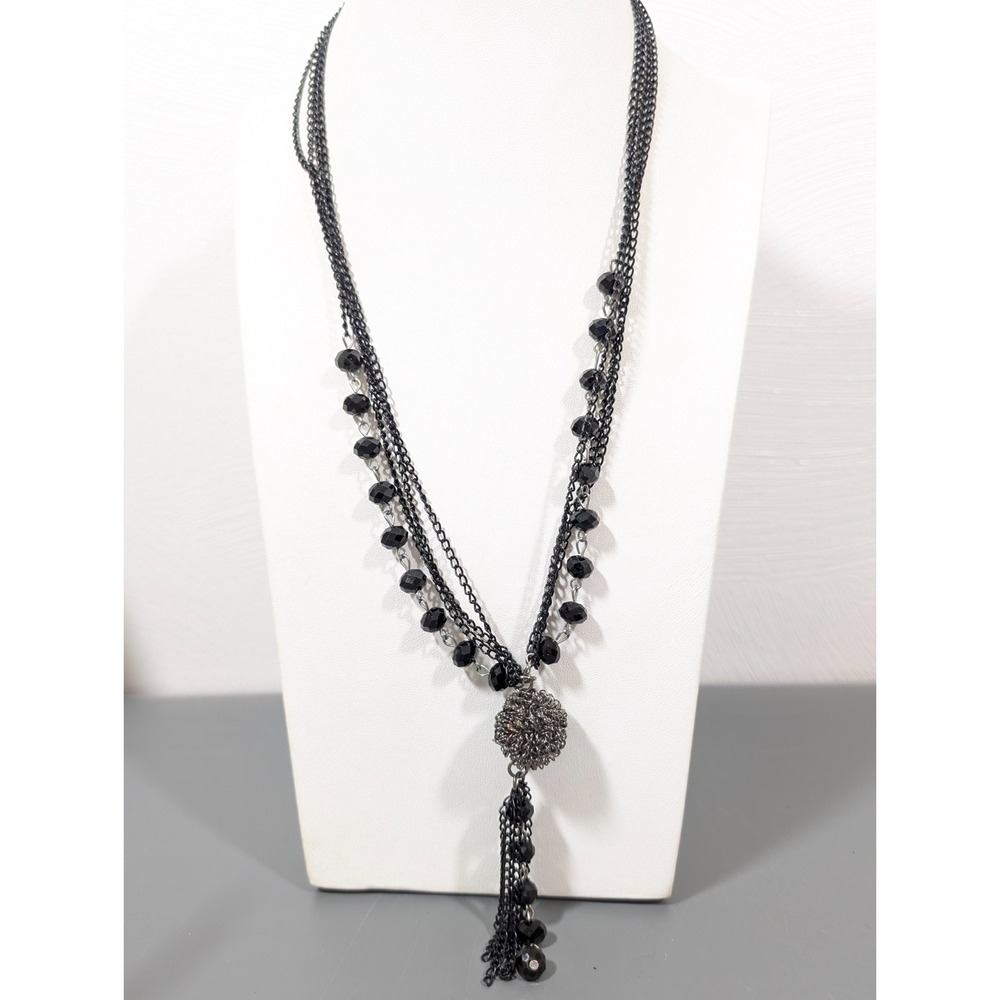 Black Beaded Y Necklace Multi Strand Chain Tassel‎ Pendant 22"
